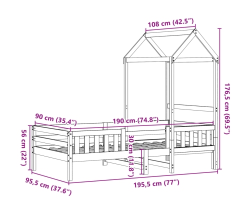 Estructura cama con techo madera maciza pino blanca 90x190 cm