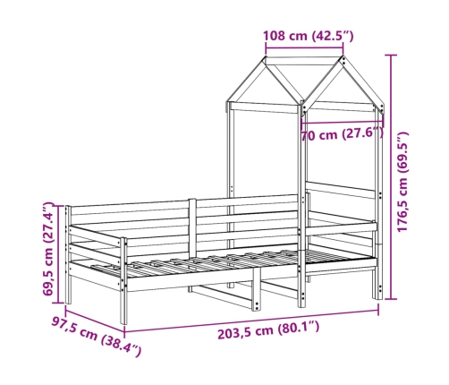 Sofá cama con techo madera maciza de pino 90x200 cm