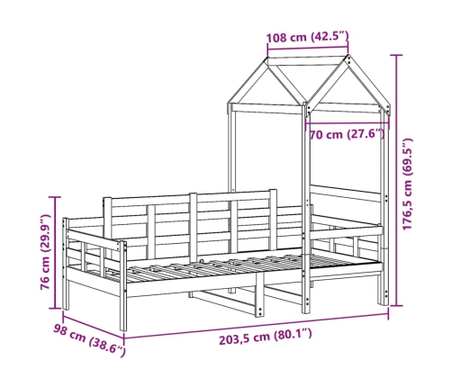 Sofá cama con techo madera maciza de pino blanco 90x200 cm