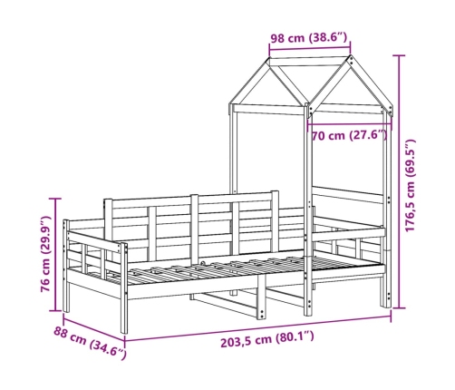 Sofá cama con techo de madera maciza de pino 80x200 cm