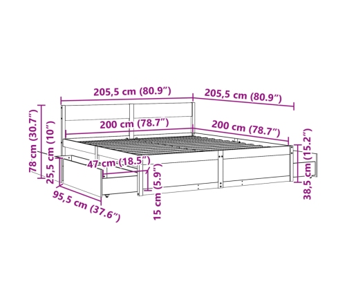 vidaXL Estructura de cama con cajones madera maciza de pino 200x200 cm