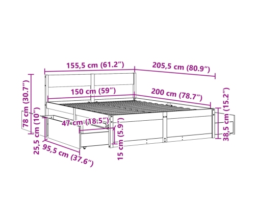 Cama sin colchón madera maciza pino marrón cera 150x200 cm