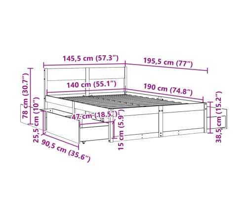 Cama sin colchón madera maciza de pino marrón cera 140x190 cm
