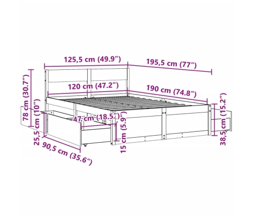 Estructura de cama sin colchón madera maciza marrón 120x190 cm