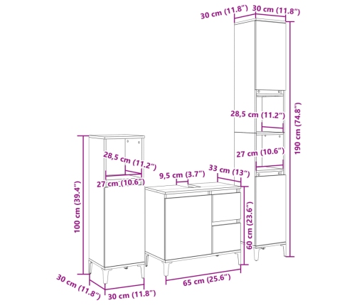 Set de muebles de baño 3 pzas madera contrachapada roble Sonoma