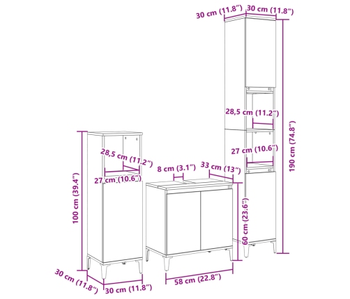 Set de muebles de baño 3 pzas madera contrachapada roble Sonoma