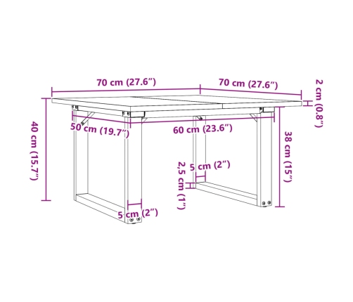 Mesa de centro marco O madera maciza pino y hierro 70x70x40 cm