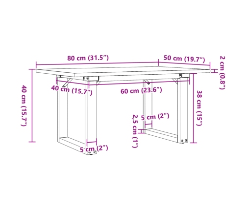 Mesa de centro marco O madera maciza pino y acero 80x50x40 cm