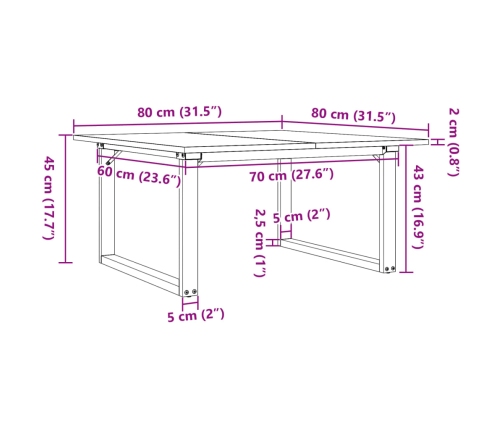 Mesa de centro marco O madera maciza pino y acero 80x80x45 cm