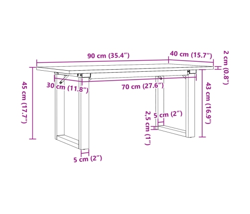 Mesa de centro marco O madera maciza pino y acero 90x40x35 cm