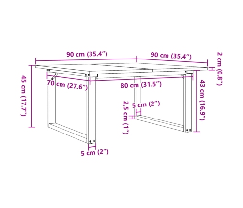 Mesa de centro marco O madera maciza pino y hierro 90x90x45 cm