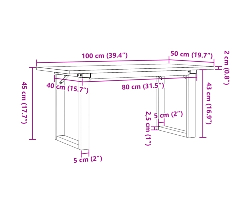 Mesa de centro marco O madera maciza pino y acero 100x50x45 cm