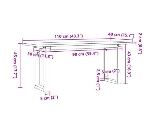 Mesa de centro marco O madera maciza pino y acero 110x40x45 cm