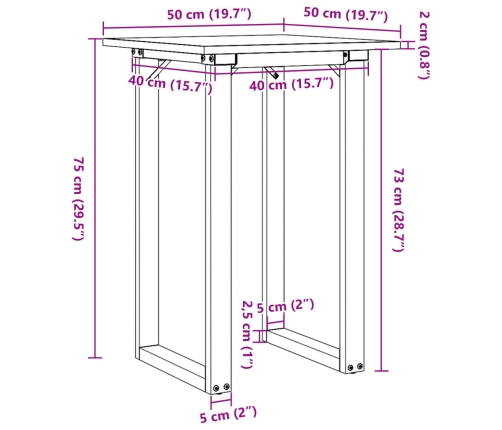 Mesa de comedor marco O madera maciza pino y hierro 50x50x75 cm