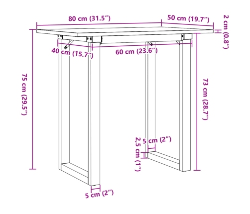 Mesa de comedor marco O madera maciza pino y acero 80x50x75 cm