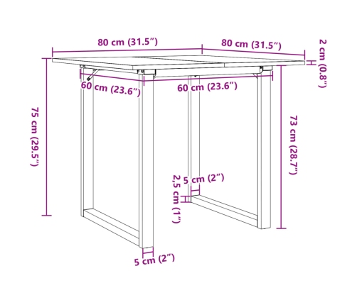 Mesa de comedor marco O madera maciza pino y hierro 80x80x75 cm