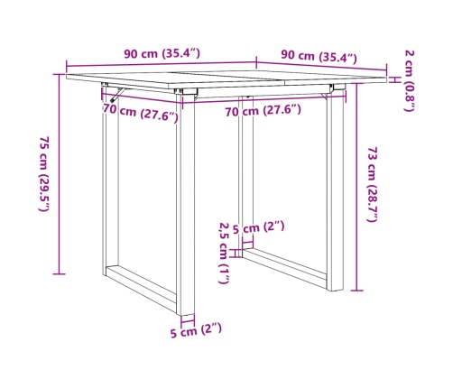 Mesa de comedor marco O madera maciza pino y hierro 90x90x75 cm