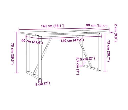 Mesa de comedor marco O madera maciza pino y acero 140x80x75cm