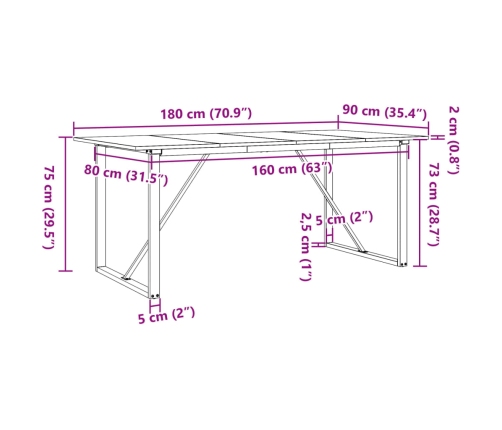 Mesa de comedor marco O madera maciza pino y acero 180x90x75cm