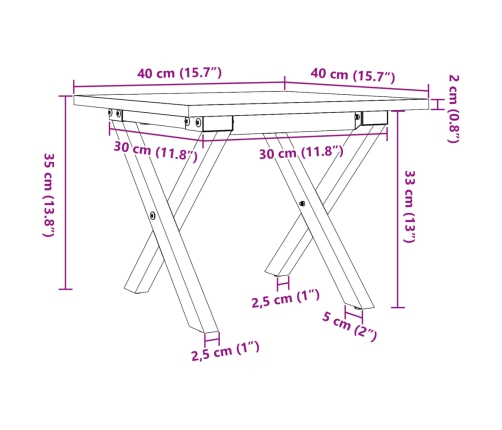 Mesa de centro marco X madera maciza pino y acero 40x40x35 cm