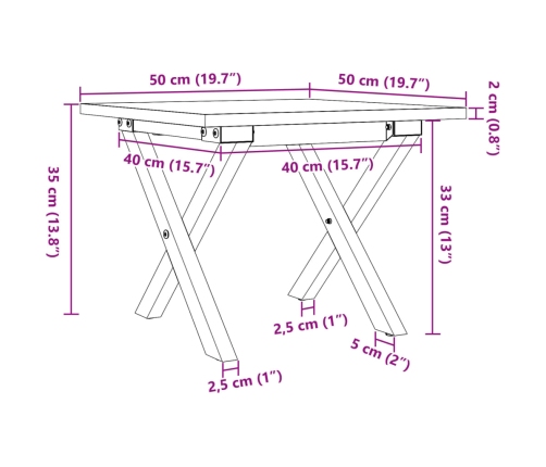 Mesa de centro marco X madera maciza pino y acero 50x50x35 cm