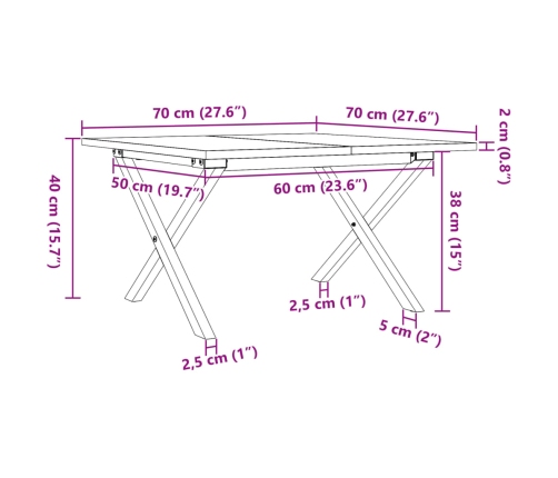 Mesa de centro marco X madera maciza pino y acero 70x70x40 cm