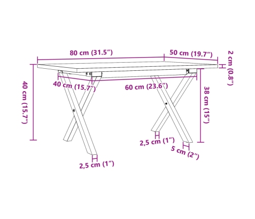 Mesa de centro marco X madera maciza pino y acero 80x50x40 cm