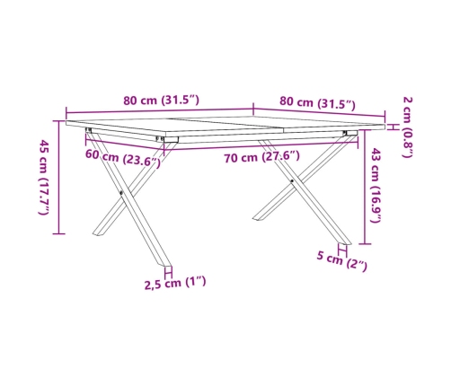 Mesa de centro marco X madera maciza pino y acero 80x80x45 cm