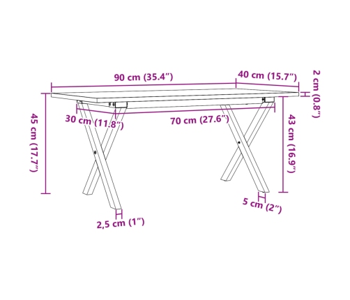 Mesa de centro marco X madera maciza pino y hierro 90x40x35 cm