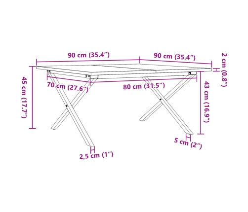 Mesa de centro marco X madera maciza pino y hierro 90x90x45 cm