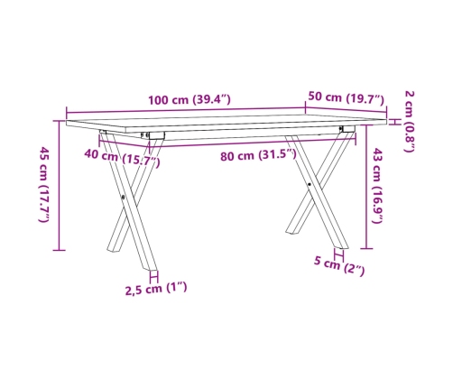 Mesa de centro marco X madera maciza pino y acero 100x50x45 cm