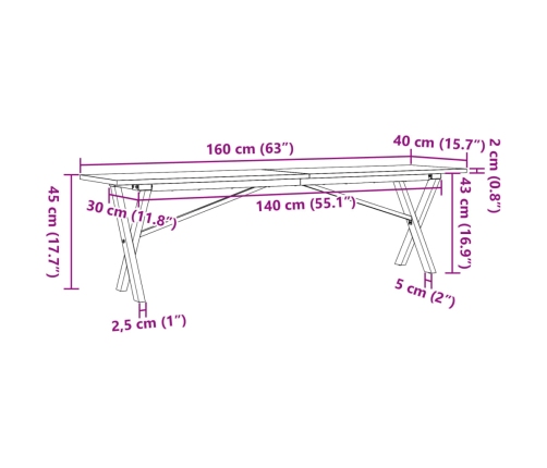 vidaXL Mesa de centro marco X madera maciza pino y hierro 160x40x45 cm