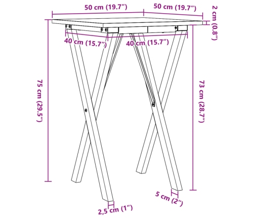 Mesa de comedor marco X madera maciza pino y acero 50x50x75 cm