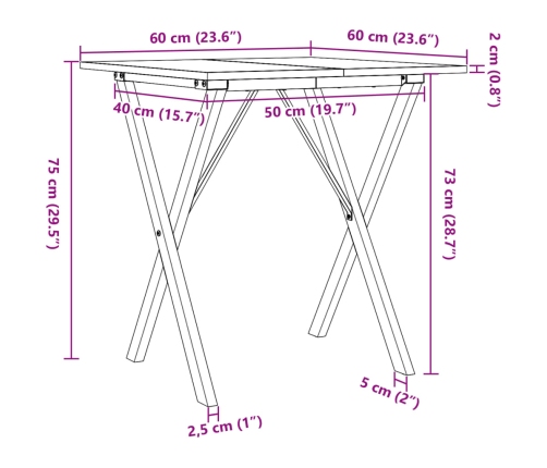 Mesa de comedor marco X madera maciza pino y acero 60x60x75 cm