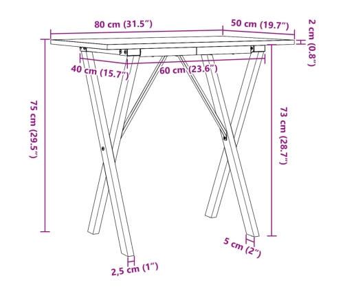 Mesa de comedor marco X madera maciza pino y acero 80x50x75 cm