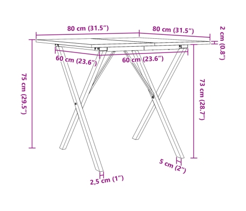 Mesa de comedor marco X madera maciza pino y acero 80x80x75 cm