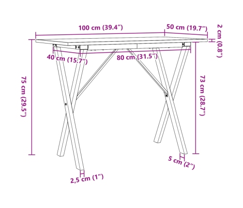 Mesa de comedor marco X madera maciza pino y acero 100x50x75cm