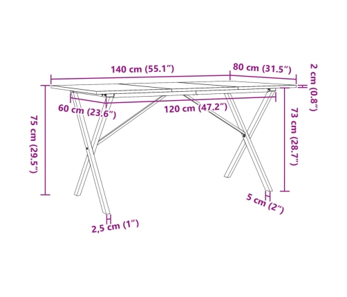 Mesa de comedor marco X madera maciza pino y acero 140x80x75cm