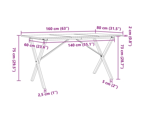 Mesa de comedor marco X madera maciza pino y acero 160x80x75cm