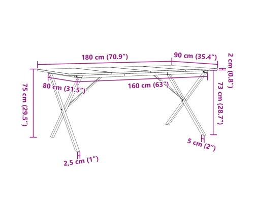 Mesa de comedor marco X madera maciza pino y acero 180x90x75cm