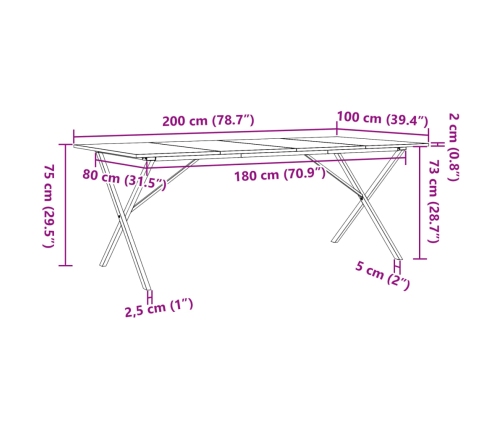 Mesa de comedor marco X madera maciza pino y acero 200x100x75cm