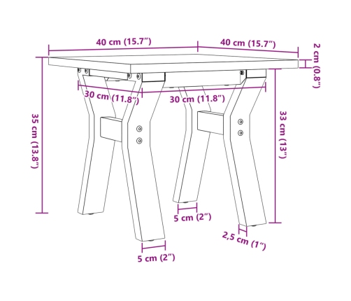 Mesa de centro marco Y madera maciza pino y acero 40x40x35 cm