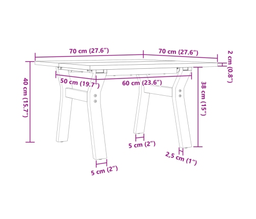 Mesa de centro marco Y madera maciza pino y acero 70x70x40 cm
