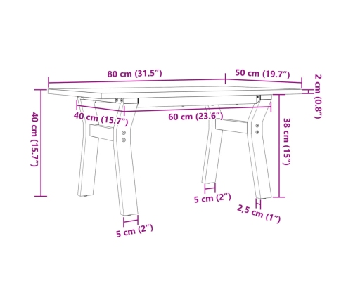Mesa de centro marco Y madera maciza pino y acero 80x50x40 cm