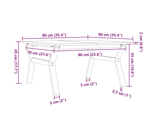 Mesa de centro marco Y madera maciza pino y hierro 90x90x45 cm