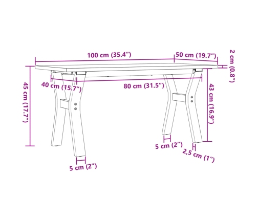 Mesa de centro marco Y madera maciza pino y acero 100x50x45 cm