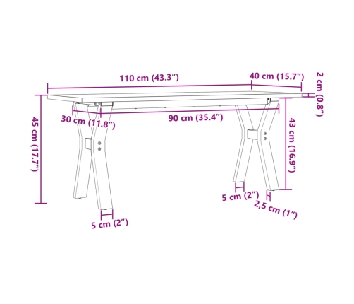 Mesa de centro marco Y madera maciza pino y acero 110x40x45 cm
