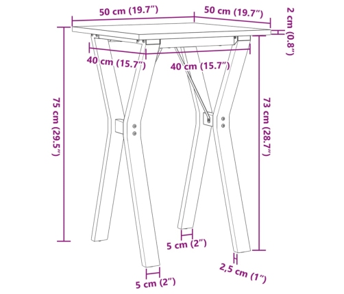 Mesa de comedor marco Y madera maciza pino y acero 50x50x75 cm