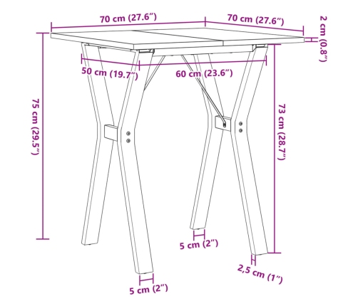 Mesa de comedor marco Y madera maciza pino y acero 70x70x75 cm