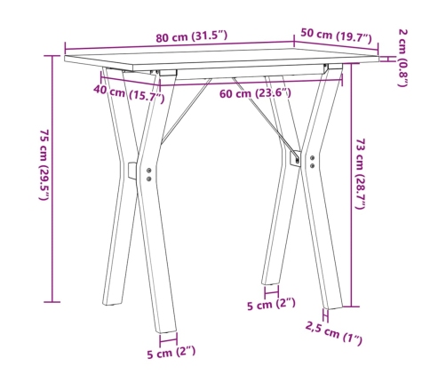 Mesa de comedor marco Y madera maciza pino y acero 80x50x75 cm